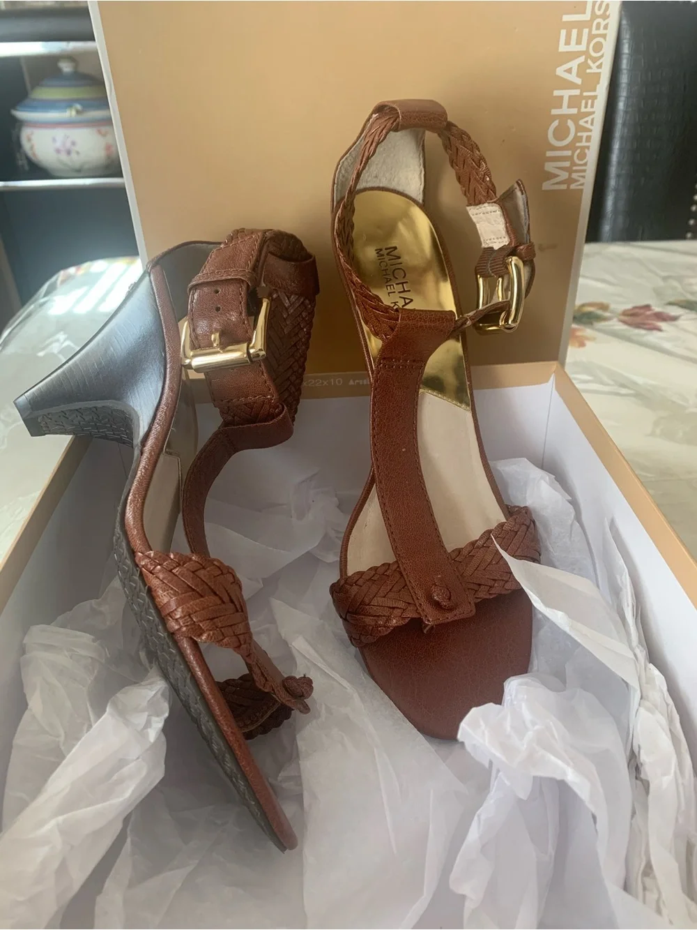 Michael Kors Brown Braided T-Strap Heeled Sandals with Gold Accents